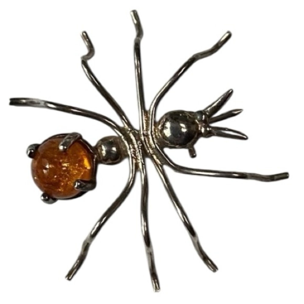 Vintage Sterling Silver Amber Spider Pin Brooch 925